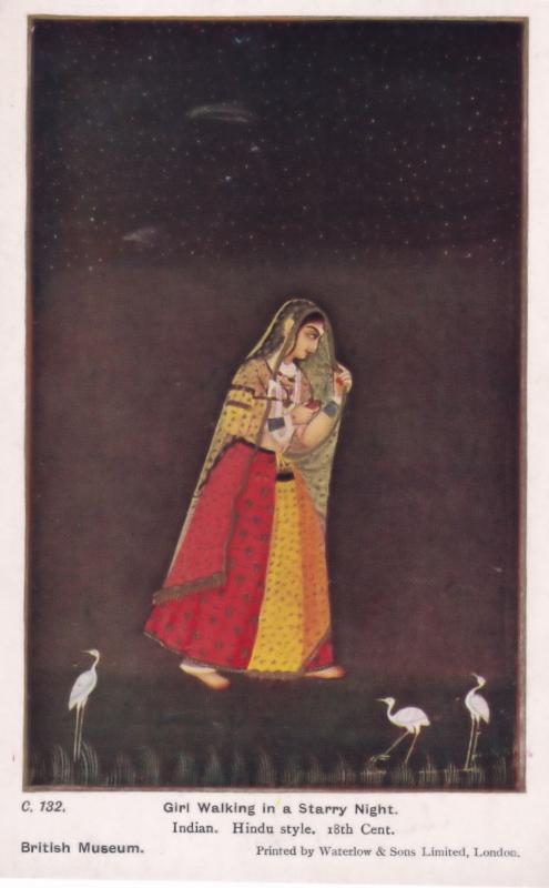 Girl Walking on A Starry Night Hindu Indian Painting Old Postcard