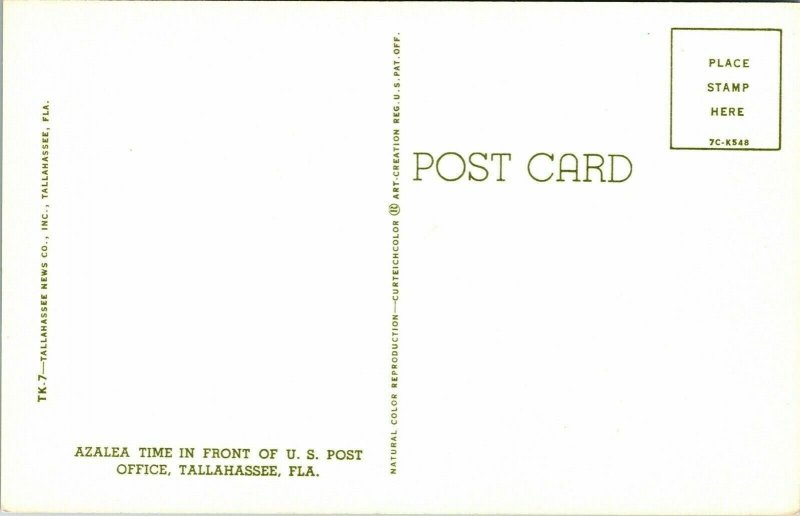 Azaleas Front US Post Office Tallahassee FL Florida Postcard Curteich VTG UNP 