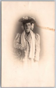 c1907 RPPC Real Photo Postcard Young Woman Hat Scarf Coat