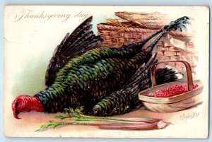 1907 Thanksgiving Day Turkey And Fruits Basket Celery RJ Wealth Signed Postcard