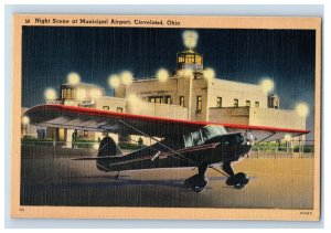 Vintage Night Scene At Municipal Airport, Cleveland, Ohio. Postcard F89E