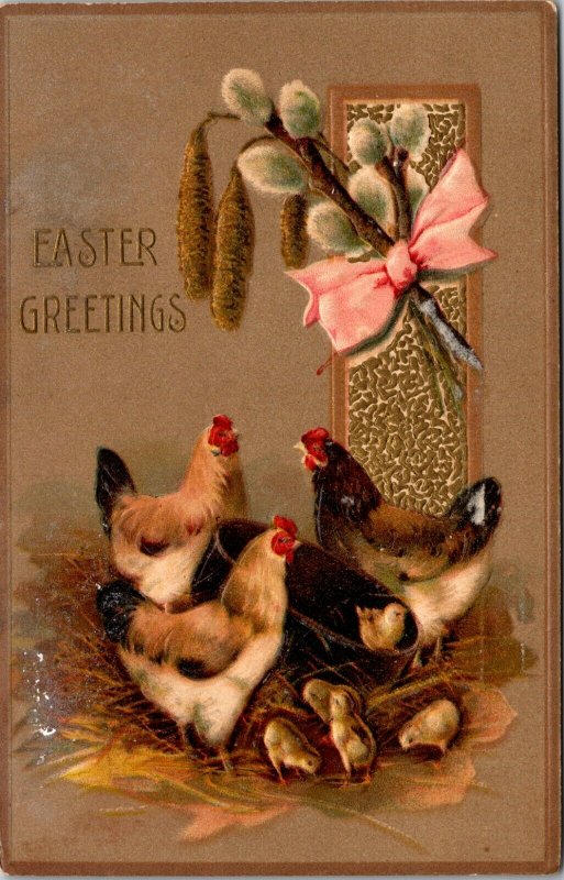 Easter Greetings  Chicken Embossed - PC - Vintage Postcard  