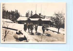 Postcard Norway Oslo Holmenkollen Girls Pulling Sleds c1920s RPPC Photo F20