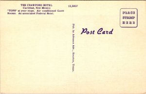 Linen Postcard The Crawford Hotel in Carlsbad, New Mexico
