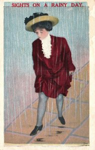 Vintage Postcard 1910's Sights on A Rainy Day! Woman Short Hair with Hat Artwork