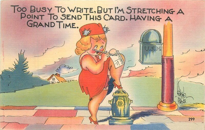 1940s Sexy Woman Mailbox Busy Write comic humor Colorpicture Postcard 22-8281