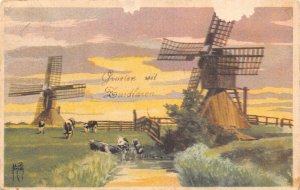 Netherlands 1947 Groeten uit Luidlaren Cows Cattle Windmills Art postcard