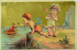 Lot Of 5 Victorian Trade Cards Beach Scenes Children Doll Lobster Waves P88