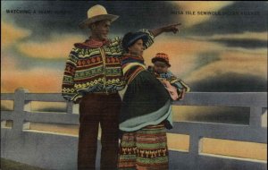 Miami Florida FL Musa Isle Seminole American Indian Family Linen Postcard