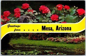 VINTAGE POSTCARD 1960s DOUBLE VIEW OF DESERT FLOWERS AND GARDEN SCENE MESA AZ