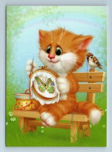 RED CAT embroidered on Bench NEEDLEWORK Bird Summer New Unposted Postcard