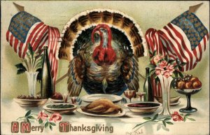 Patriotic Thanksgiving Turkey American Flags Table Setting c1910 Postcard