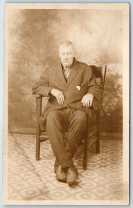 c1920s Mid Age Man Inside Portrait RPPC Mustache Classy Suit Crossed Legs A254