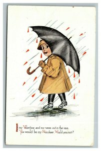 Vintage 1915 Gibson Valentine Postcard Boy in the Rain Large Umbrella - Poem