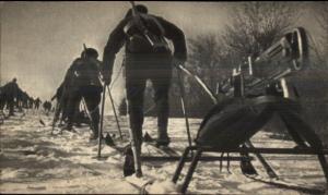 French Military Soldiers on Skis Towing Machine Gun Old Postcard