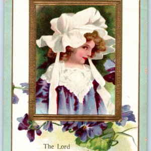 c1900s Psalm 23 Full Bible Quote Trade Card Cute Bonnett Girl Embossed Jesus C34