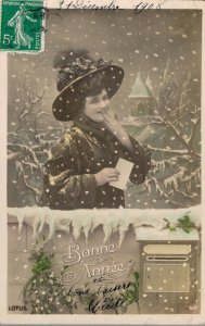 Victorian Style Happy New Year Woman in the Snow with a Hat and Envelope 06.24