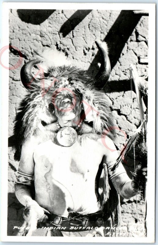 c1940s Pueblo Indian Buffalo Dancer RPPC Headdress Frashers Real Photo A141