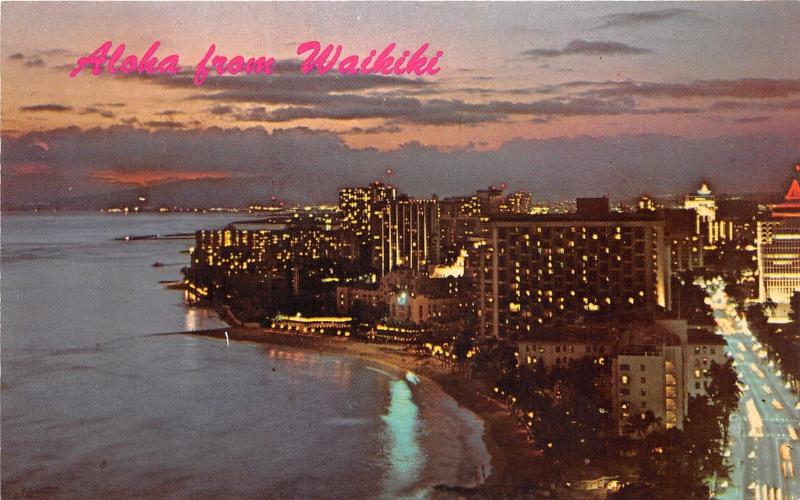 Honolulu Hawaii~Waikiki View @ Dusk~1970s Time Lapse Postcard