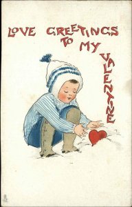Tuck Blue Belles Fantasy Little Boy Buries Heart in Snow c1910 Vintage Postcard