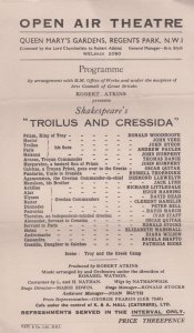 Troilus & Cressida Shakespeare Regents Park Open Air Theatre Programme