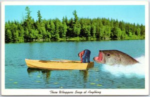 VINTAGE POSTCARD THESE WHOPPERS SNAP AT ANYTHING EXAGERRATED LAKE FISHING