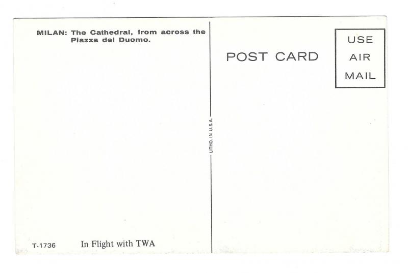 TWA Milan Cathedral In Flight with TWA Advertising Postcard