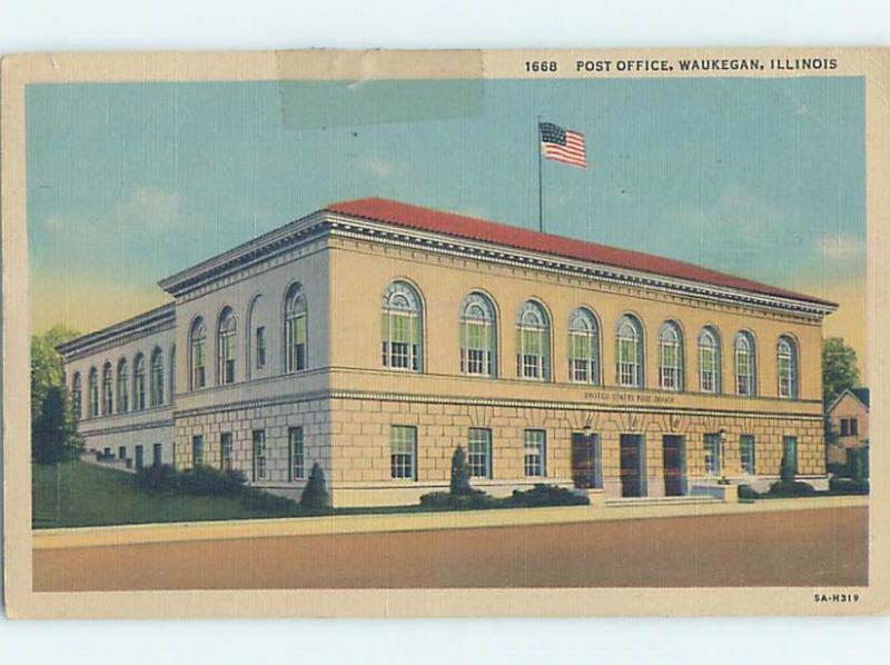 Linen POST OFFICE SCENE Waukegan - Near Chicago Illinois IL d8879