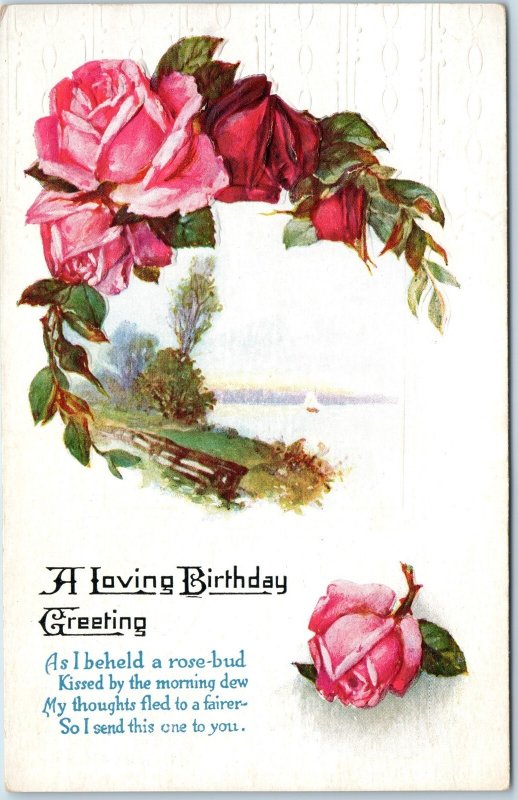 c1910s Birthday John Winsch Back Greeting Rose Bud Poem Sailboat Embossed A321