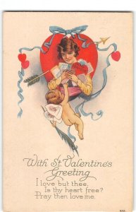 ST. VALENTINE'S DAY GREETINGS Woman w/ Cards, Cupid Hearts 1922 Antique Postcard