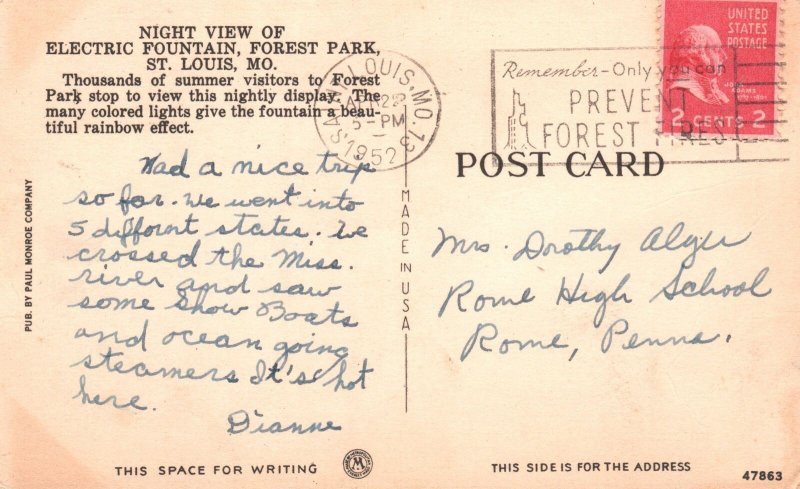 Vintage Postcard 1952 Night View Electric Fountain Forest Park St Louis Missouri 