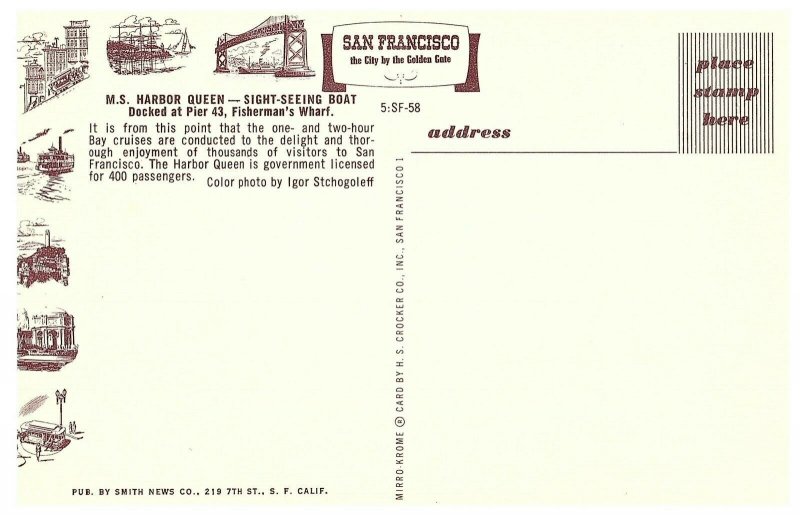 MS Harbor Queen Sight-Seeing Boat San Francisco Pier 43 Postcard