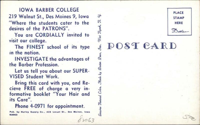 Barber Chairs - Iowa Barber College Des Moines c1950s Postcard