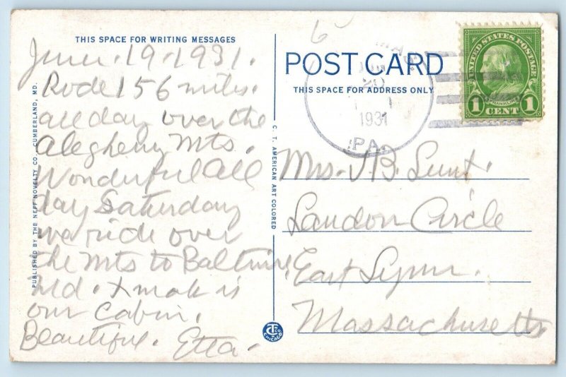 Hagerstown Maryland MD Postcard Top Green Ridge Mountain Cumberland 1931 Vintage
