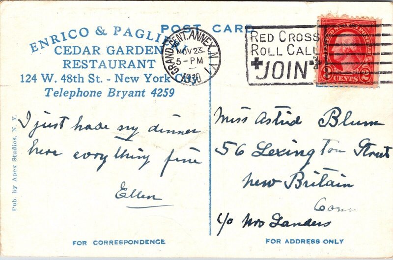 Cedar Garden Restaurant 124 W 48th St New York NY WB Postcard PM Grand Central 