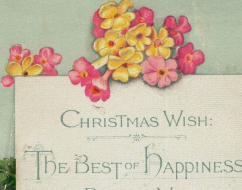 1870s Victorian Christmas Card Lantana Flowers Cute Girl #6B