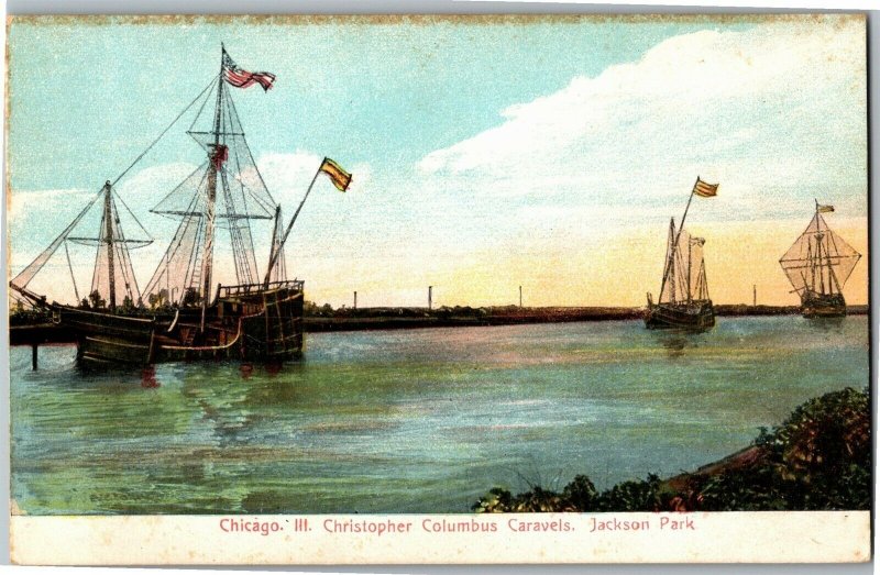 Christopher Columbus Caravels, Jackson Park Chicago IL UDB Vintage Postcard W33