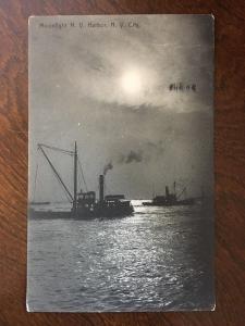 1909 Ships by Moonlight, New York Harbor, New York City by Rotograph. C13