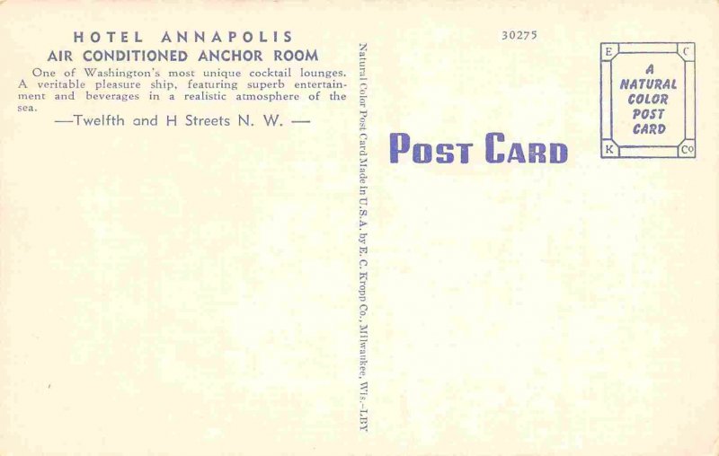 Anchor Room Interior Hotel Annapolis Washington DC linen postcard