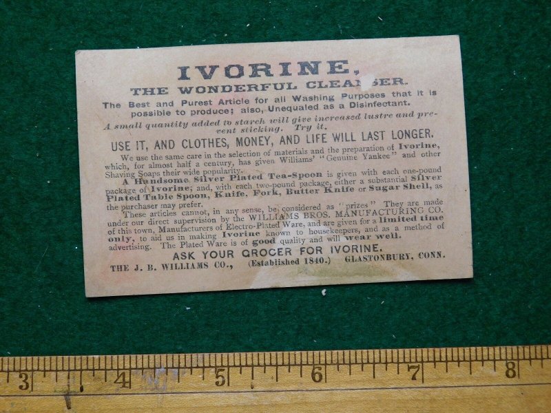 1870s-80s J B Williams Co Ivorine Cleaner Victorian Trade Card F23