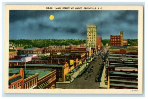 c1940's Main Street At Night Greenville South Carolina SC Vintage Postcard 