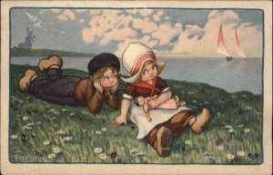 A. Bertiglia - Dutch Children & Sailboats c1915 Postcard