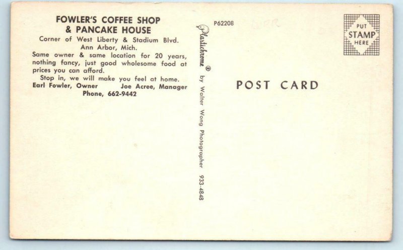 ANN ARBOR, Michigan MI ~ Roadside FOWLER'S PANCAKE HOUSE Coffee Shop Postcard