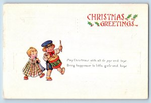 Christmas Postcard Greetings Children With Drum Trumpet Embossed c1910's Antique