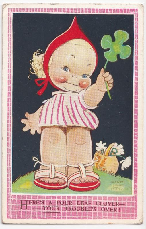 Mabel Lucie Attwell; Heres a 4 Leaf Clover, Your Troubles Over PPC, 1940 PMK 