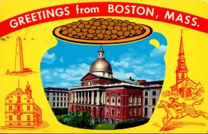 Massachusetts Boston Greetings With State House and Pot Of Beans 1972