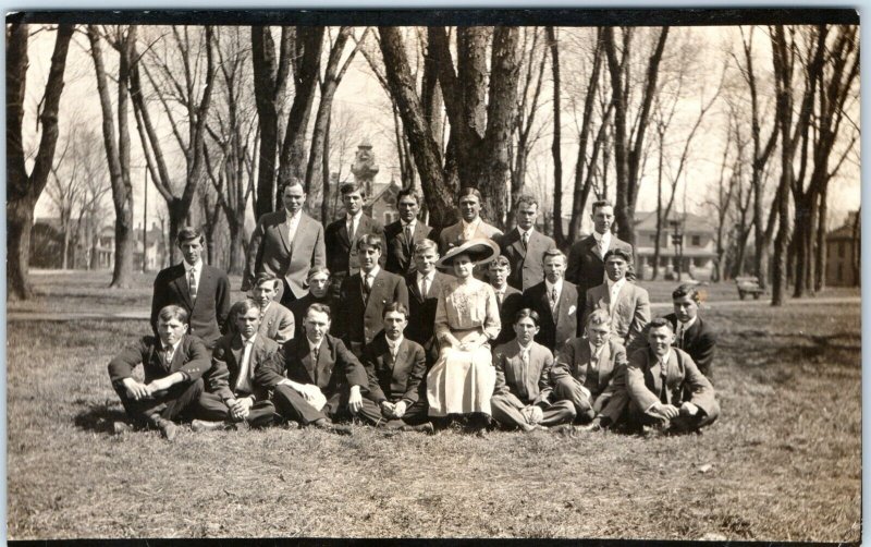 1912 Easter Sunday RPPC Group of Men & One Woman Real Photo Postcard Church A147