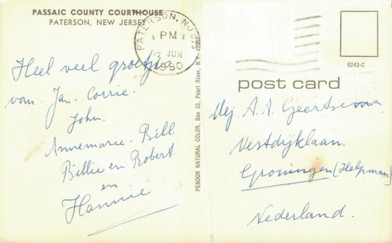 USA Passaic County Courthouse Paterson New Jersey Vintage Postcard 08.29