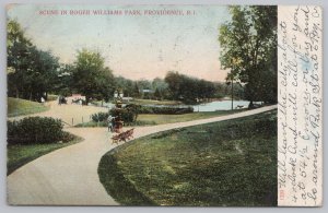 Scene In Roger Williams Park~Kids @ Lamp~River~Trees~Writing On Front~PM 1907 PC