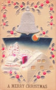 Christmas Snow Village Star Holly Bell-1912 Heavily Embossed Air Brushed